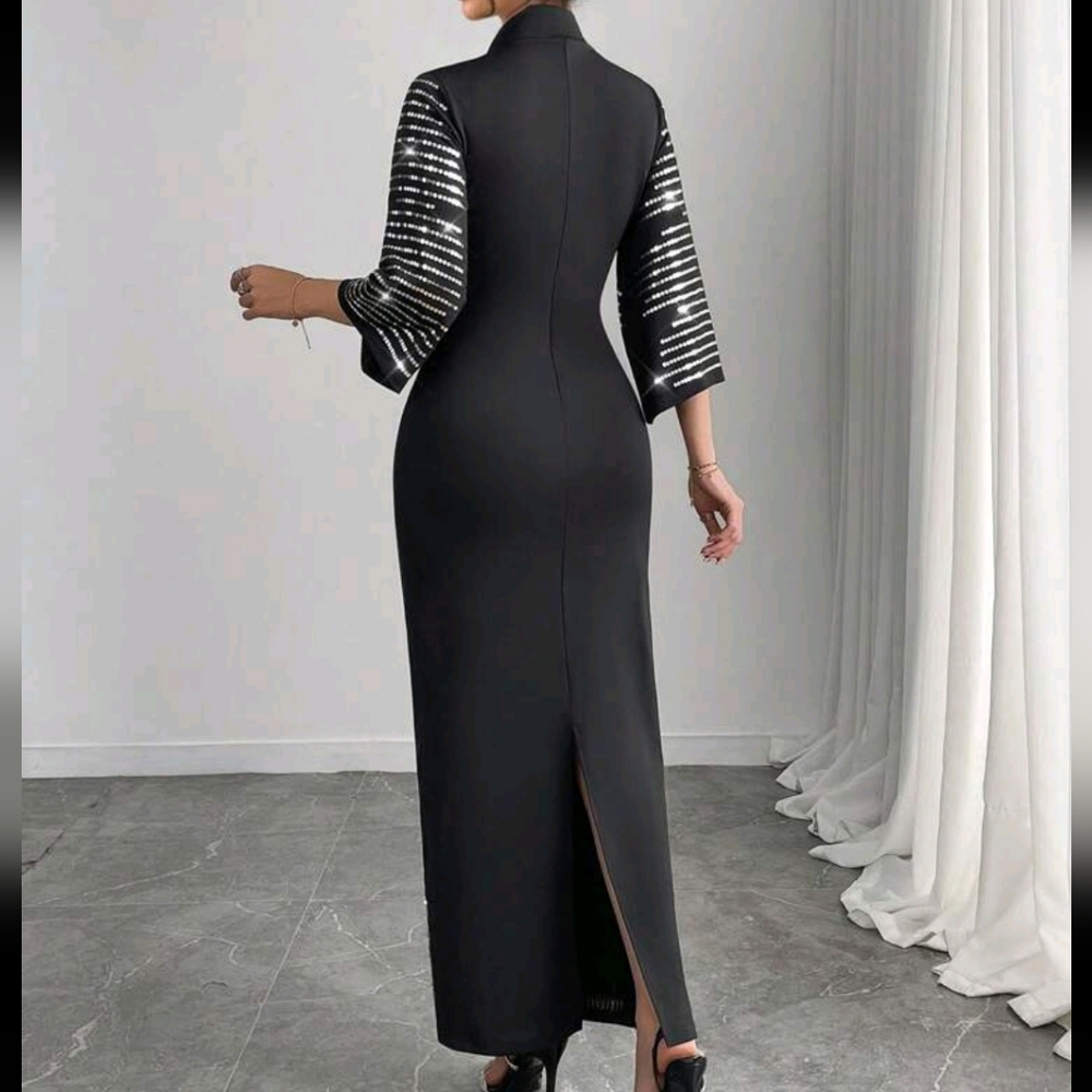 Elegant & Sexy Beaded Black Long Sleeve Dress For Women - Picture 2 of 4